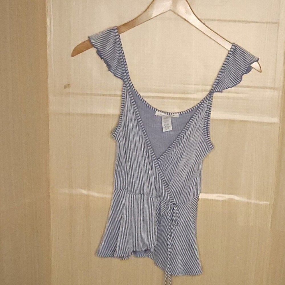 Caution To The Wind Blue White Stripe Faux Wrap Top Large